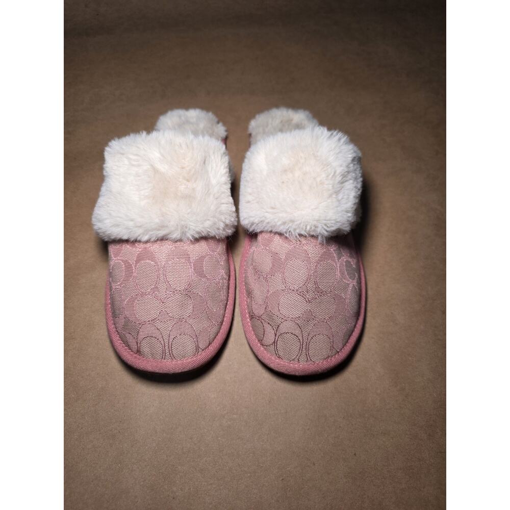 Coach Ziva Pink Jacquard Faux Fur Slippers, Size 9B